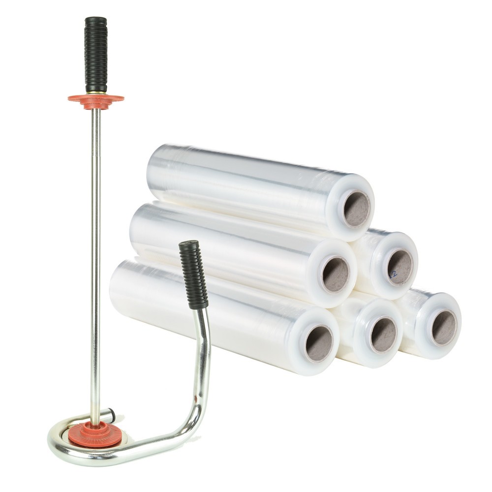 Product afbeelding: Professionele stretchfolieset, 6 rollen, b x l 500 mm x 300 m, incl. 1 handstretchfolieapparaat met kunststof centreerschijven, transparant