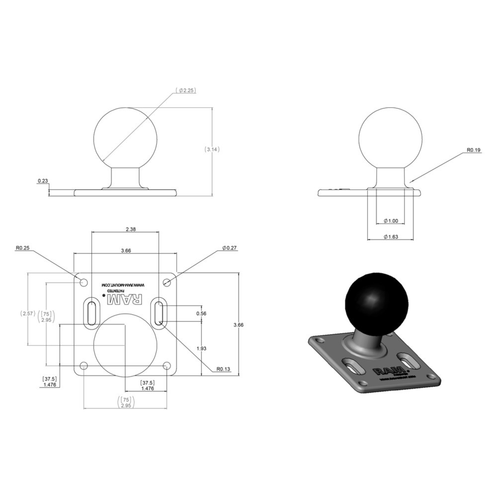 Productafbeelding nr. 2: RAM Mounts VESA-plaat (3,625 x 3,625 duim), gatenraster 75 x 75 mm, D-kogel (2,25 duim), in polyzak