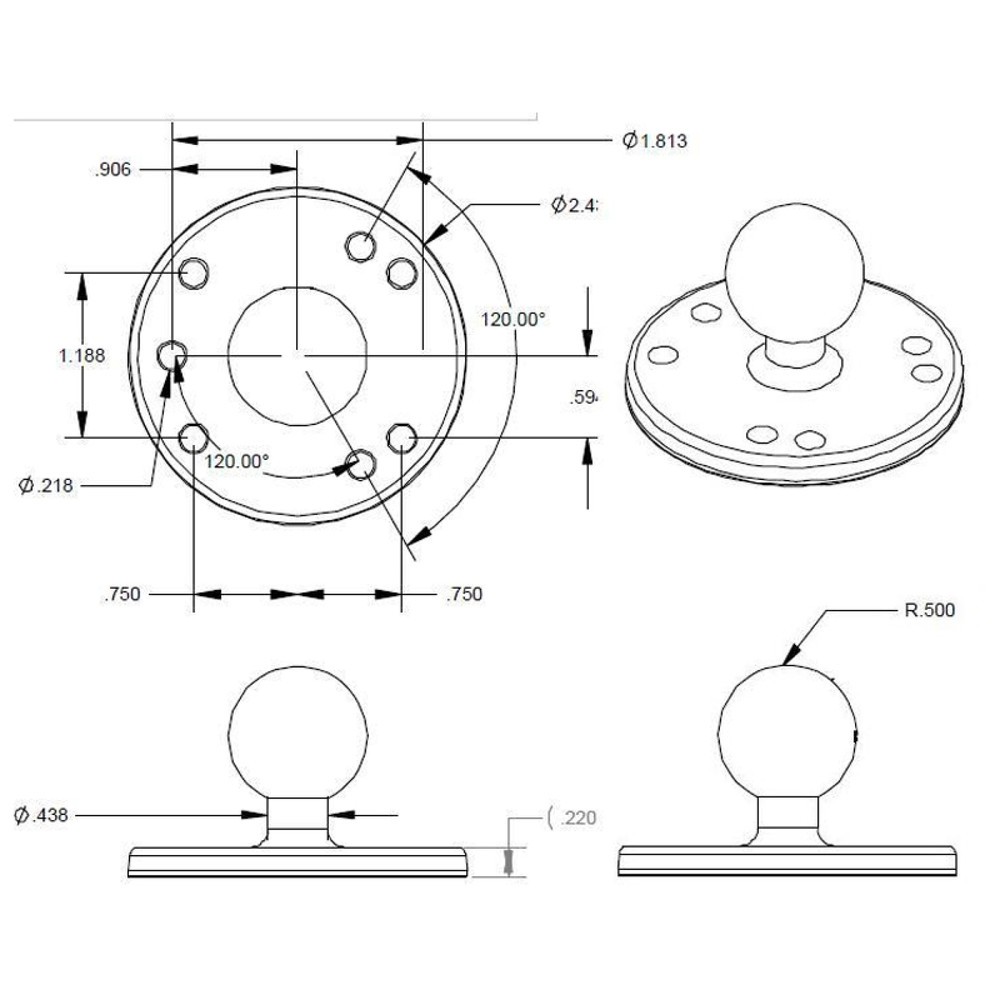 Productafbeelding nr. 3: RAM Mounts basisplaat rond, B-kogel (1 duim), platen diameter 63,5 mm, AMPS-gatenraster