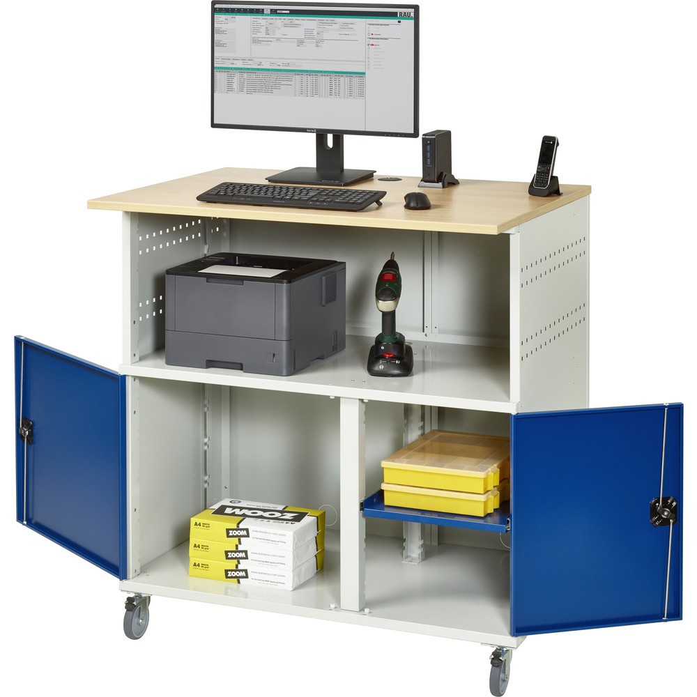 Productafbeelding nr. 1: RAU computertafel, h x b x d 1.150 x 1.100 x 800 mm, werkblad met beukendecor, met 2 openslaande deuren en contactdooslijst