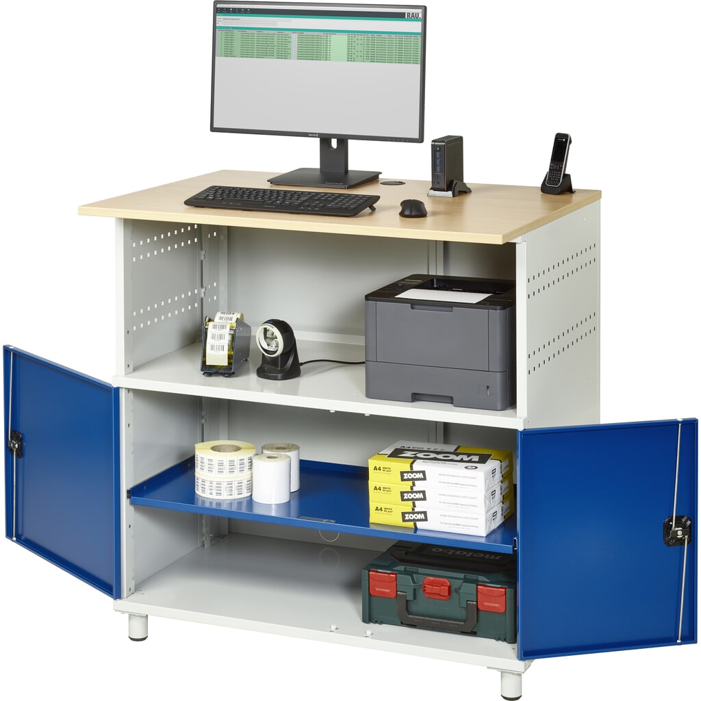 RAU computertafel, h x b x d 1.100 x 1.100 x 800 mm, werkblad met beukendecor, met 2 openslaande deuren Product afbeelding: RAU computertafel, h x b x d 1.100 x 1.100 x 800 mm, werkblad met beukendecor, met 2 openslaande deuren