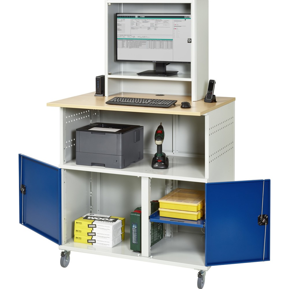 Product afbeelding: RAU computertafel, h x b x d 1.860 x 1.100 x 800 mm, werkblad met beukendecor, met 2 openslaande deuren, contactdooslijst en monitorbehuizing