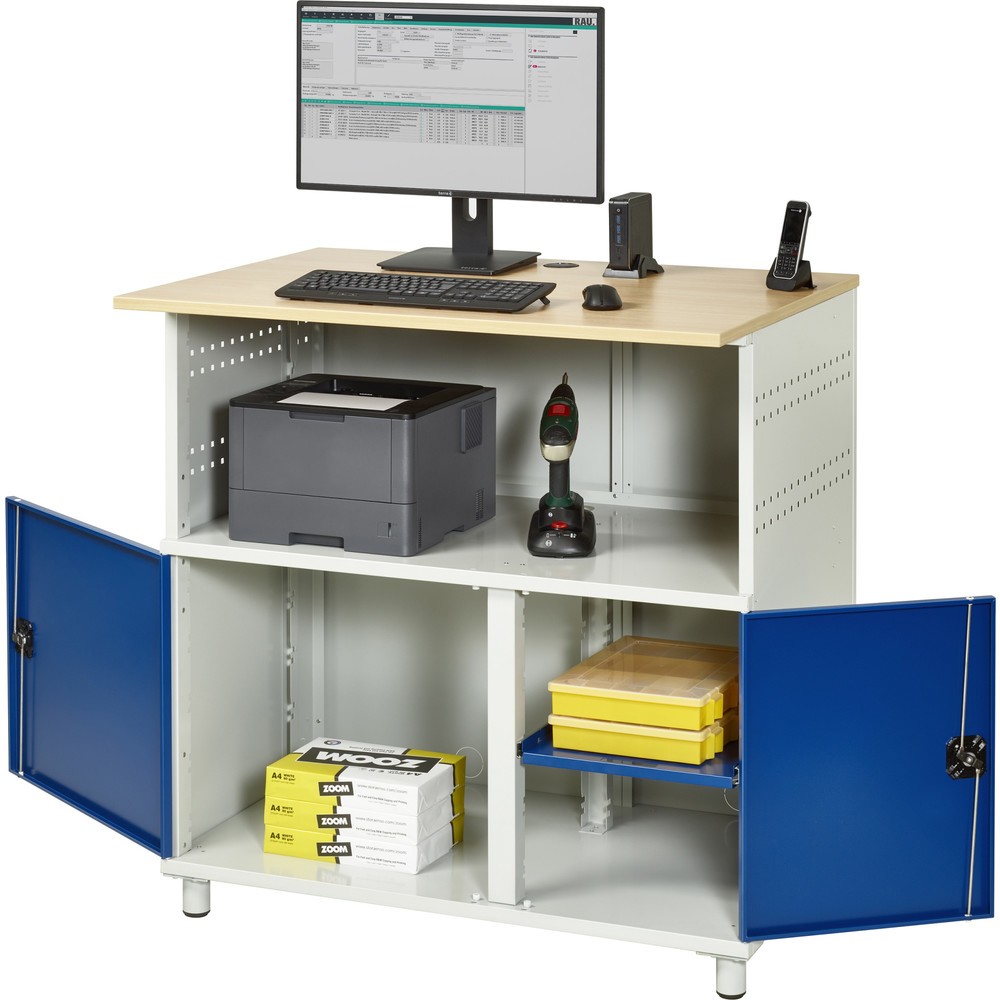 Productafbeelding nr. 1: RAU computertafel, h x b x d 1.100 x 1.100 x 800 mm, werkblad met beukendecor, met 2 openslaande deuren en contactdooslijst