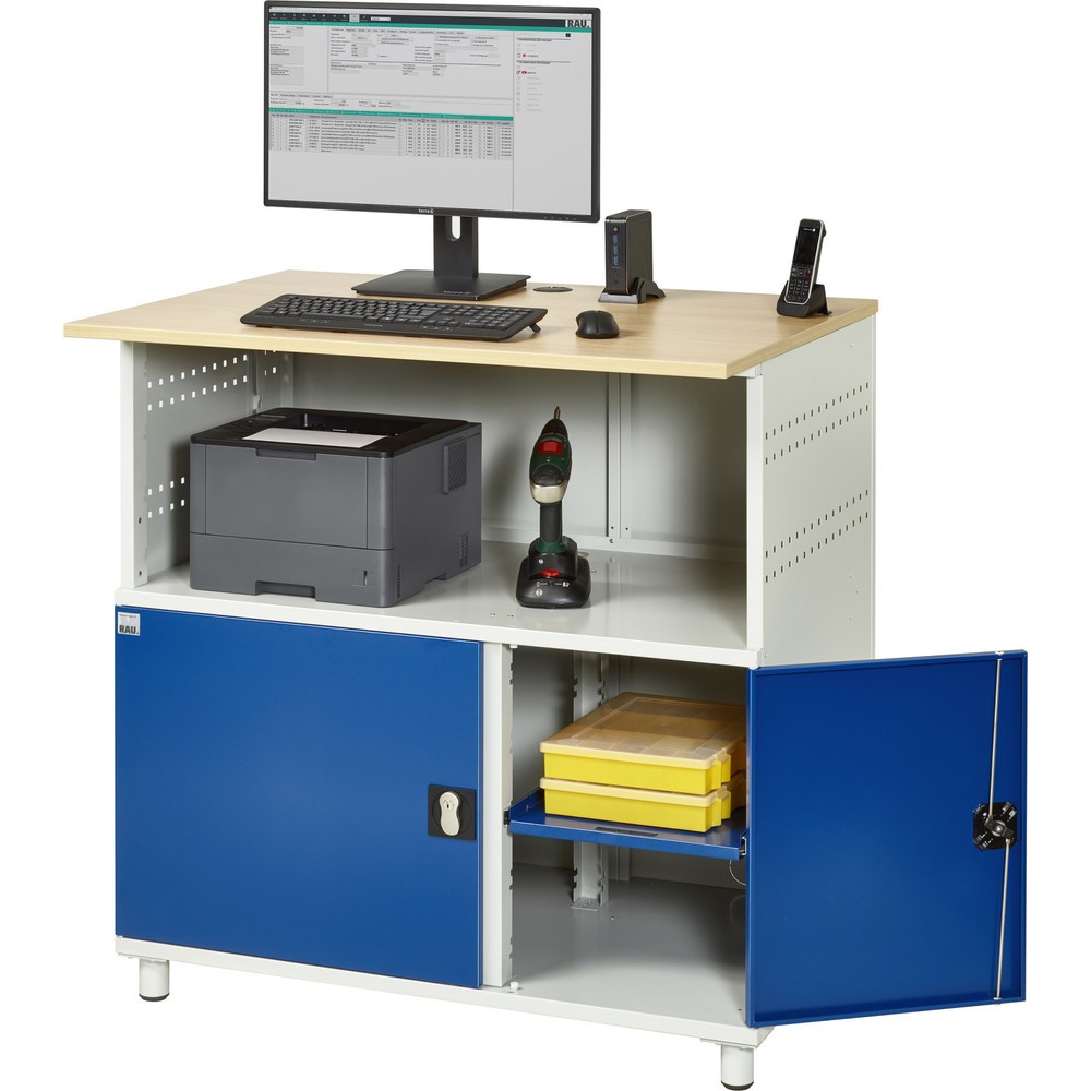 Productafbeelding nr. 5: RAU computertafel, h x b x d 1.100 x 1.100 x 800 mm, werkblad met beukendecor, met 2 openslaande deuren en contactdooslijst
