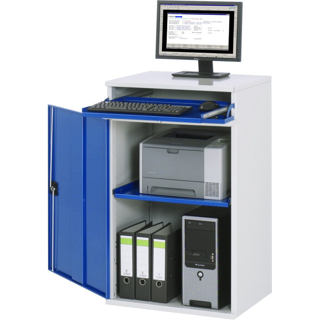 RAU computerkast, h x b x d 1.060 x 650 x 520 mm, met 1 openslaande deur en uitschuifblad voor het toetsenbord Product afbeelding: RAU computerkast, h x b x d 1.060 x 650 x 520 mm, met 1 openslaande deur en uitschuifblad voor het toetsenbord