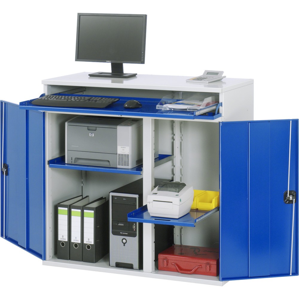 Productafbeelding nr. 1: RAU computerkast, h x b x d 1.060 x 1.100 x 520 mm, met 2 openslaande deuren, uitschuifblad voor het toetsenbord en wielset
