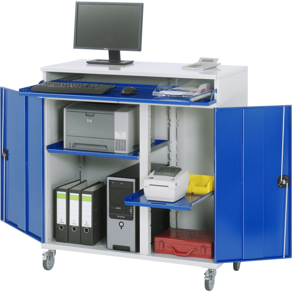 Productafbeelding nr. 1: RAU computerkast, h x b x d 1.185 x 1.100 x 520 mm, met 2 openslaande deuren, uitschuifblad voor het toetsenbord en wielset