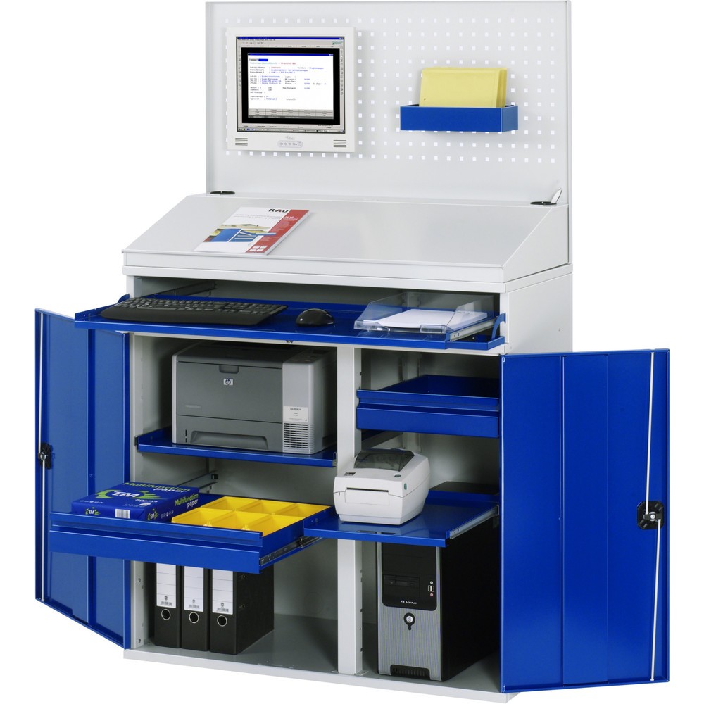 Productafbeelding nr. 1: RAU computerkast, h x b x d 1.770 x 1.100 x 520 mm, met 2 openslaande deuren, uitschuifblad voor het toetsenbord, 1 lade en wielset