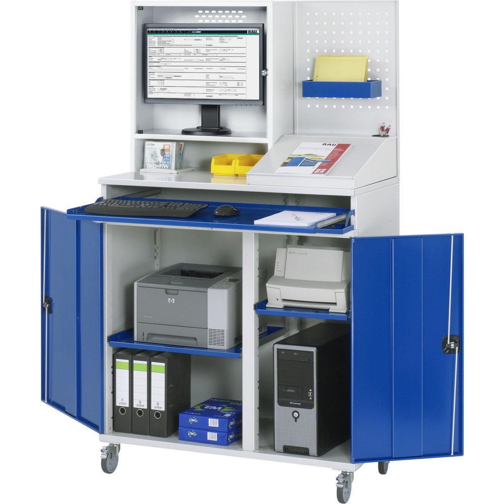 Productafbeelding nr. 2: Mobiele computerkast RAU, monitorbehuizing, uitschuifblad voor het toetsenbord, dubbele draaideur, geperforeerde achterwand, aantal lades x h x b: 1 x 80 x 1.020 mm