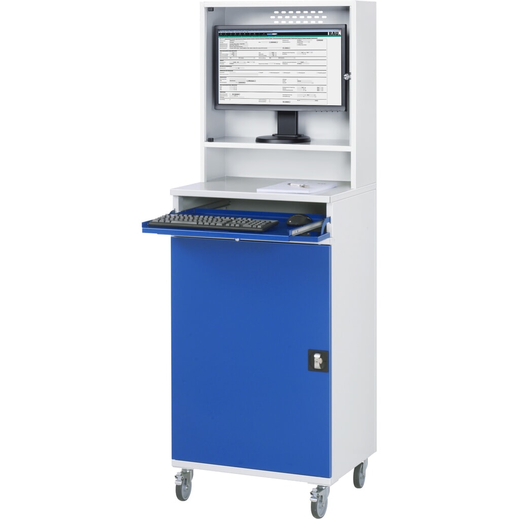 Productafbeelding nr. 2: Mobiele computerkast RAU, monitorbehuizing, uitschuifblad voor het toetsenbord, draaideur, aantal lades x h x b: 2 x 80 x 570 mm