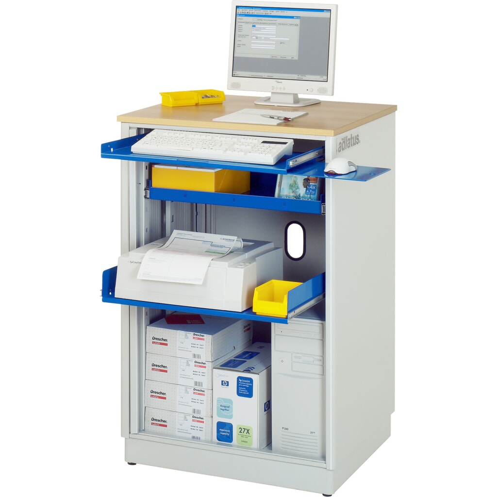 RAU computerstations, h x b x d 1.100 x 720 x 660 mm, werkblad met beukendecor, met rolluik, contactdooslijst Productafbeelding nr. 1: RAU computerstations, h x b x d 1.100 x 720 x 660 mm, werkblad met beukendecor, met rolluik, contactdooslijst