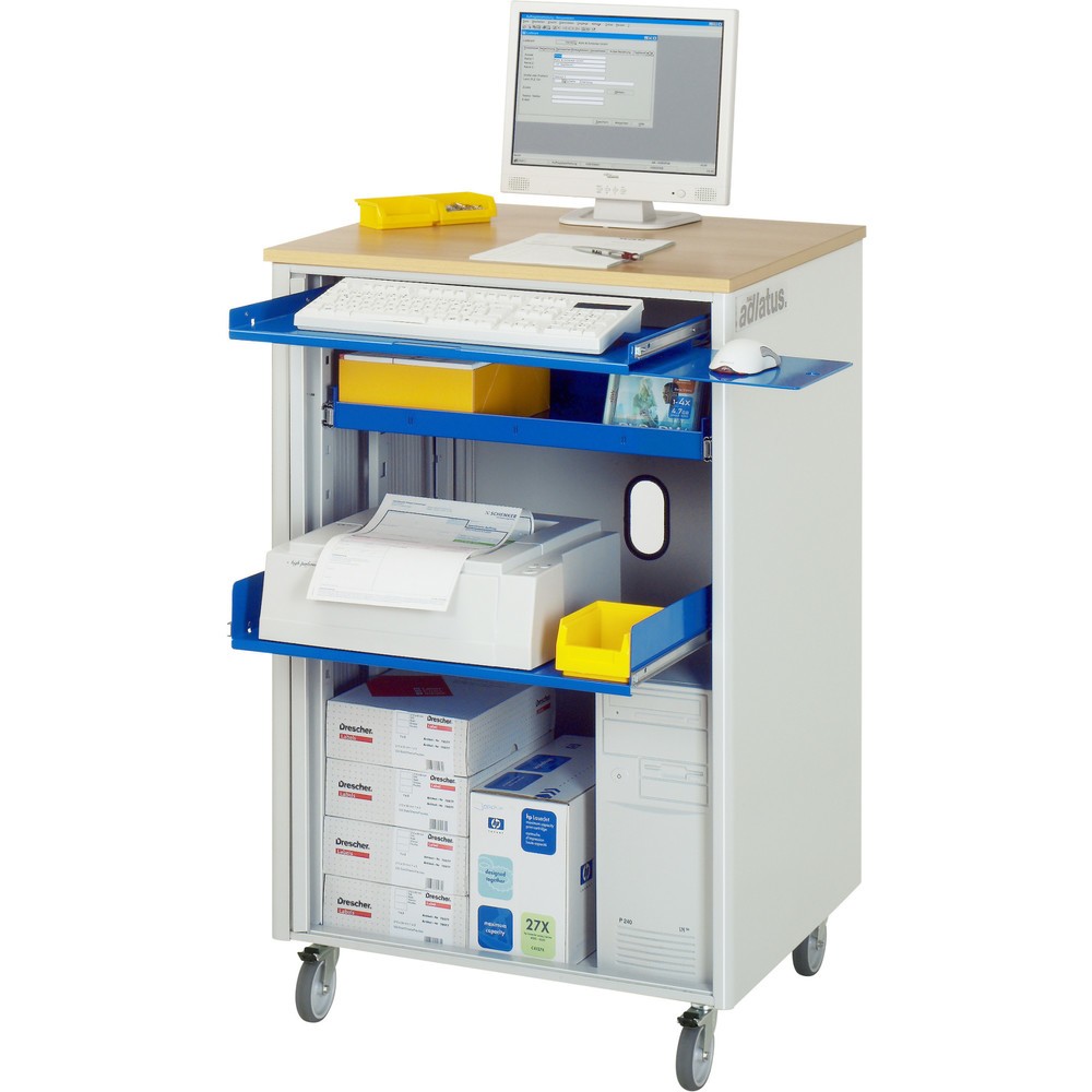 Product afbeelding: RAU computerstations, h x b x d 1.100 x 720 x 660 mm, werkblad met beukendecor, met rolluik, contactdooslijst en wielset