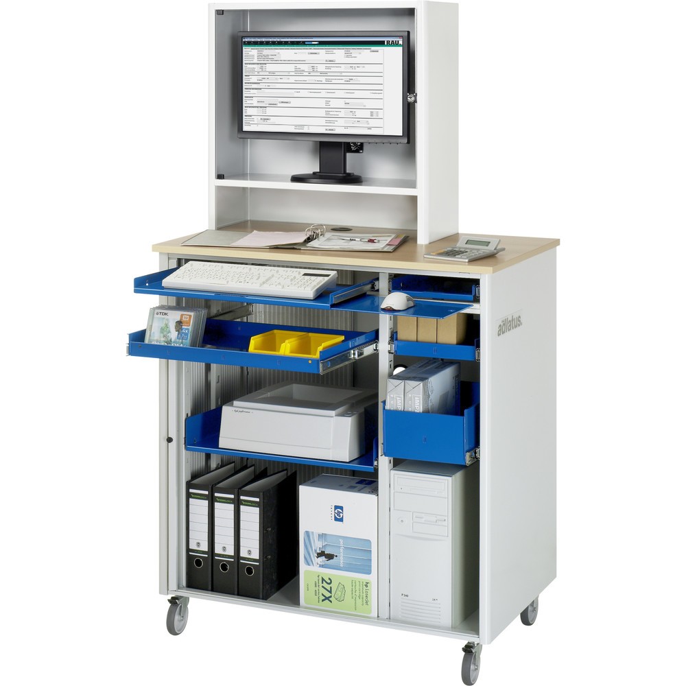 Productafbeelding nr. 1: RAU computerstations, h x b x d 1.810 x 1.030 x 660 mm, werkblad met beukendecor, met rolluik, contactdooslijst, wielset en monitorbehuizing