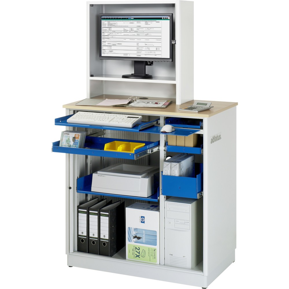 Product afbeelding: RAU computerstations, h x b x d 1.810 x 1.030 x 660 mm, werkblad met beukendecor, met rolluik, contactdooslijst, lade en monitorbehuizing