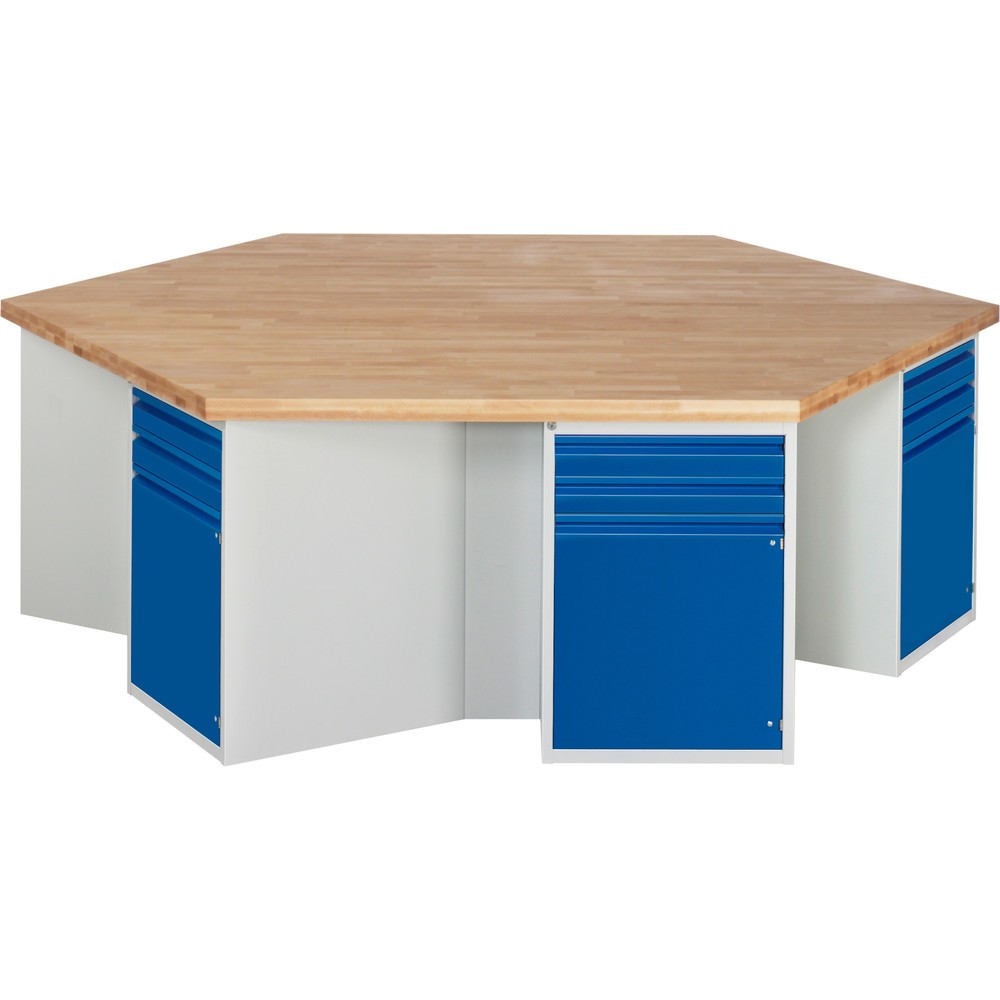 Product afbeelding: RAU groepswerkbank serie 4000, 6 kasten, hxbxd 840 x 2.700 x 2.340 mm, x voor 90% uittrekbare lades met greeprand, 1 legbord