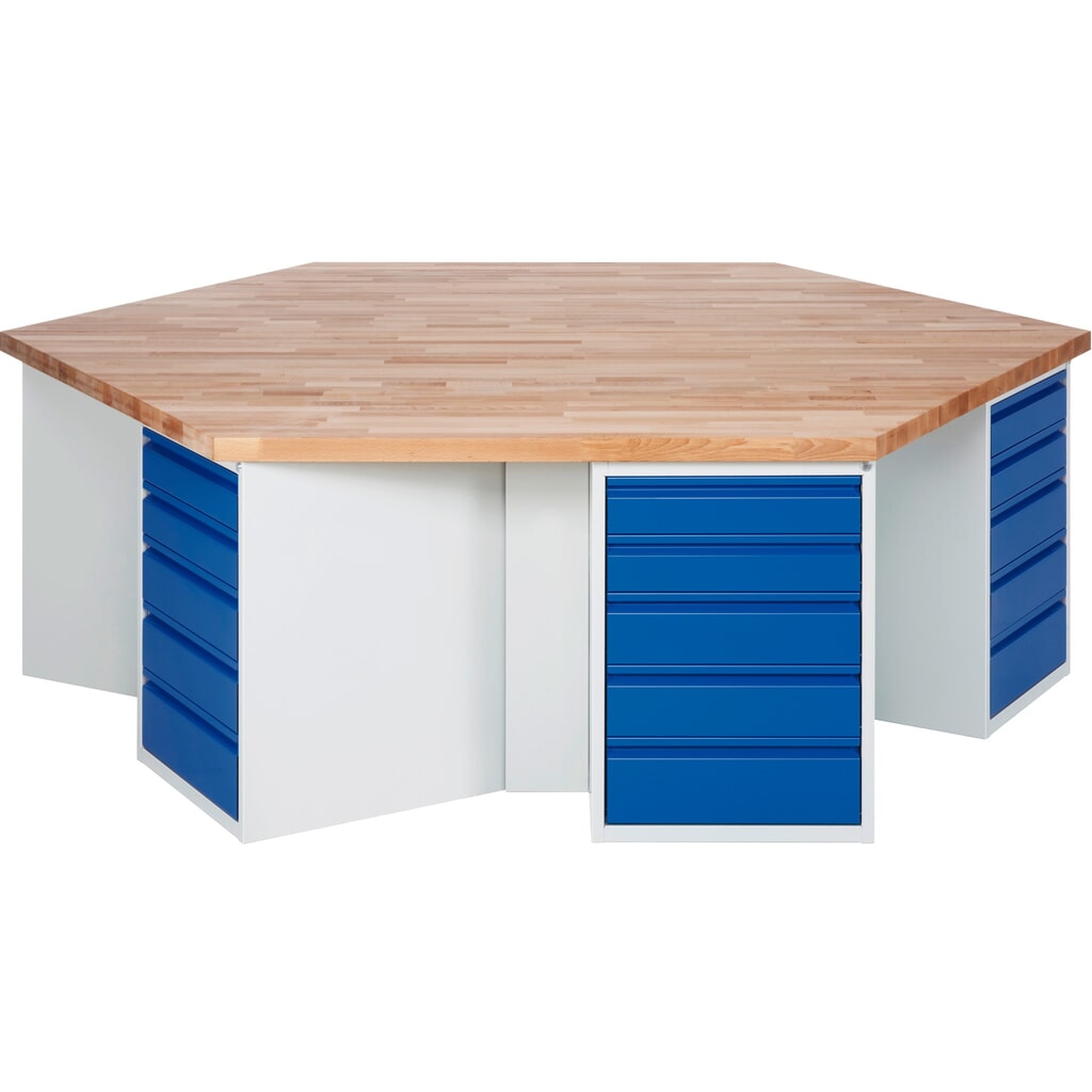 Product afbeelding: RAU groepswerkbank serie 4000, 6 kasten, hxbxd 840 x 2.700 x 2.340 mm, x voor 90% uittrekbare lades 12 x 120 mm, 12 x 150 mm, 6 x 180 mm
