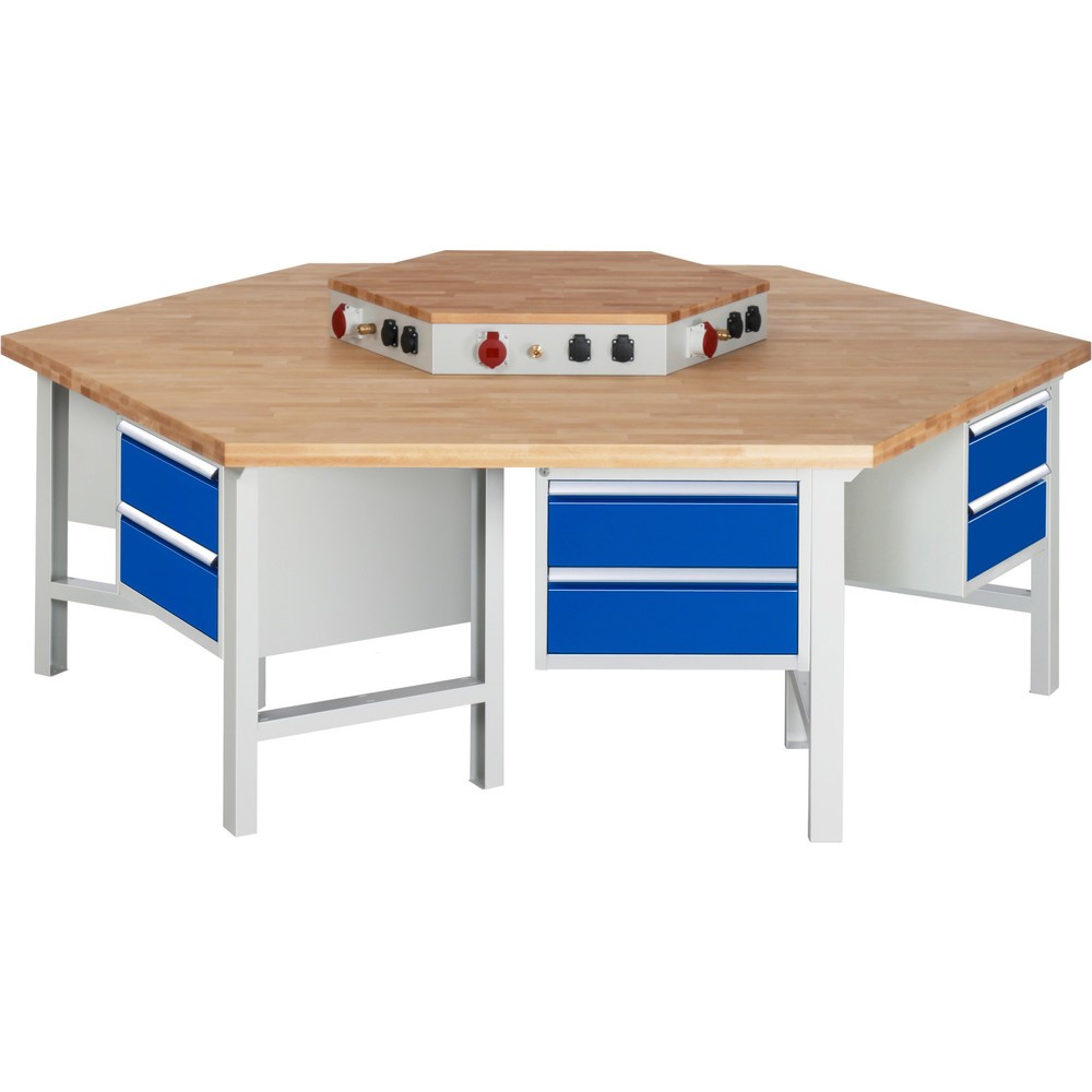 Product afbeelding: RAU groepswerkbank serie 4000, h x b x d 790-1.140 x 2.700 x 2.340 mm, met energievoorziening, 6 onderbouwkasten, met telkens 2 lades