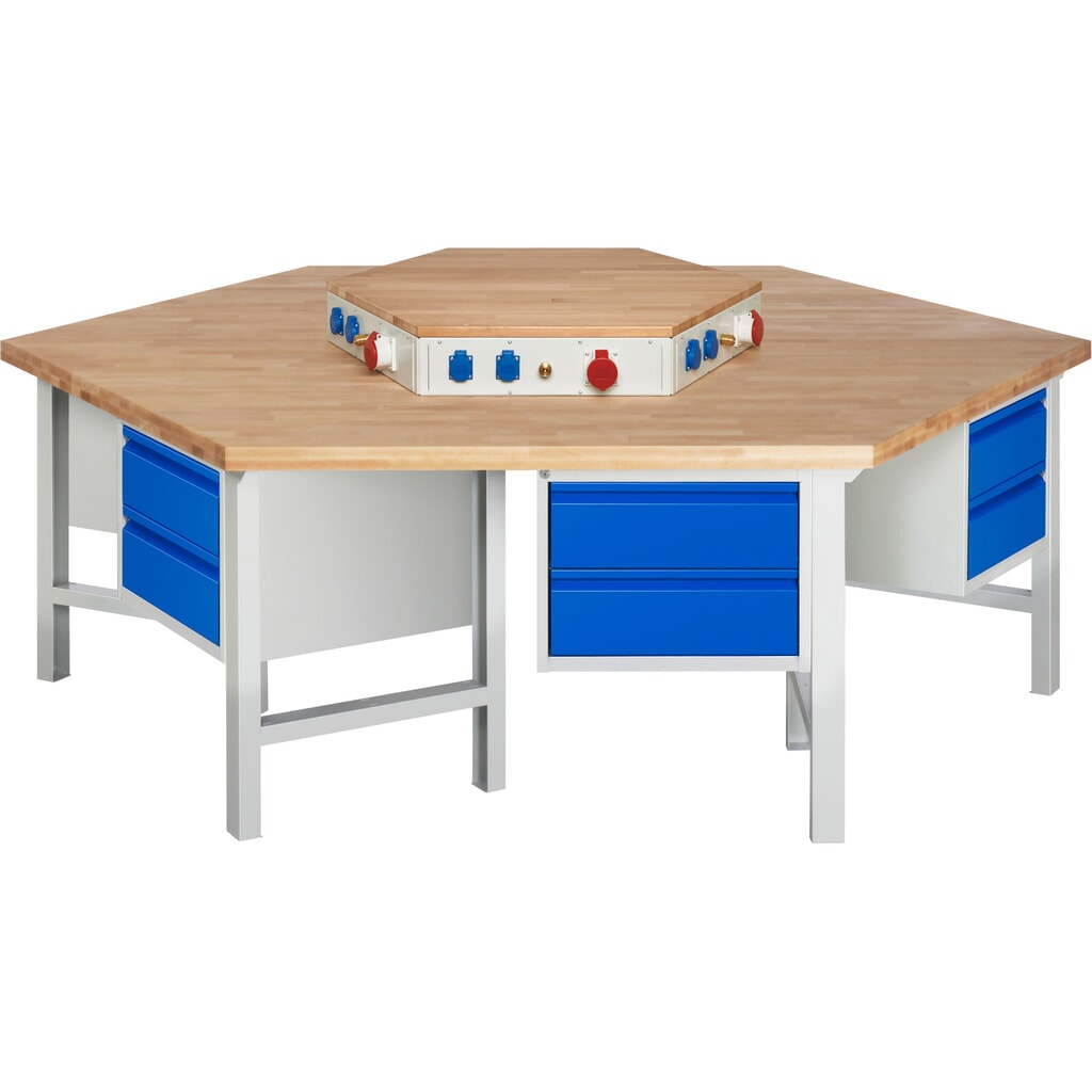 RAU groepswerkbank serie 4000, energievoorziening, 6 kasten, hxbxd 840 x 2.700 x 2.340 mm, x voor 90% uittrekbare lades met greeprand Product afbeelding: RAU groepswerkbank serie 4000, energievoorziening, 6 kasten, hxbxd 840 x 2.700 x 2.340 mm, x voor 90% uittrekbare lades met greeprand
