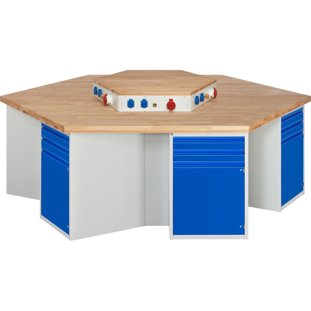 Product afbeelding: RAU groepswerkbank serie 4000, energievoorziening, 6 kasten, hxbxd 840 x 2.700 x 2.340 mm, x voor 90% uittrekbare lades met greeprand, 1 legbord