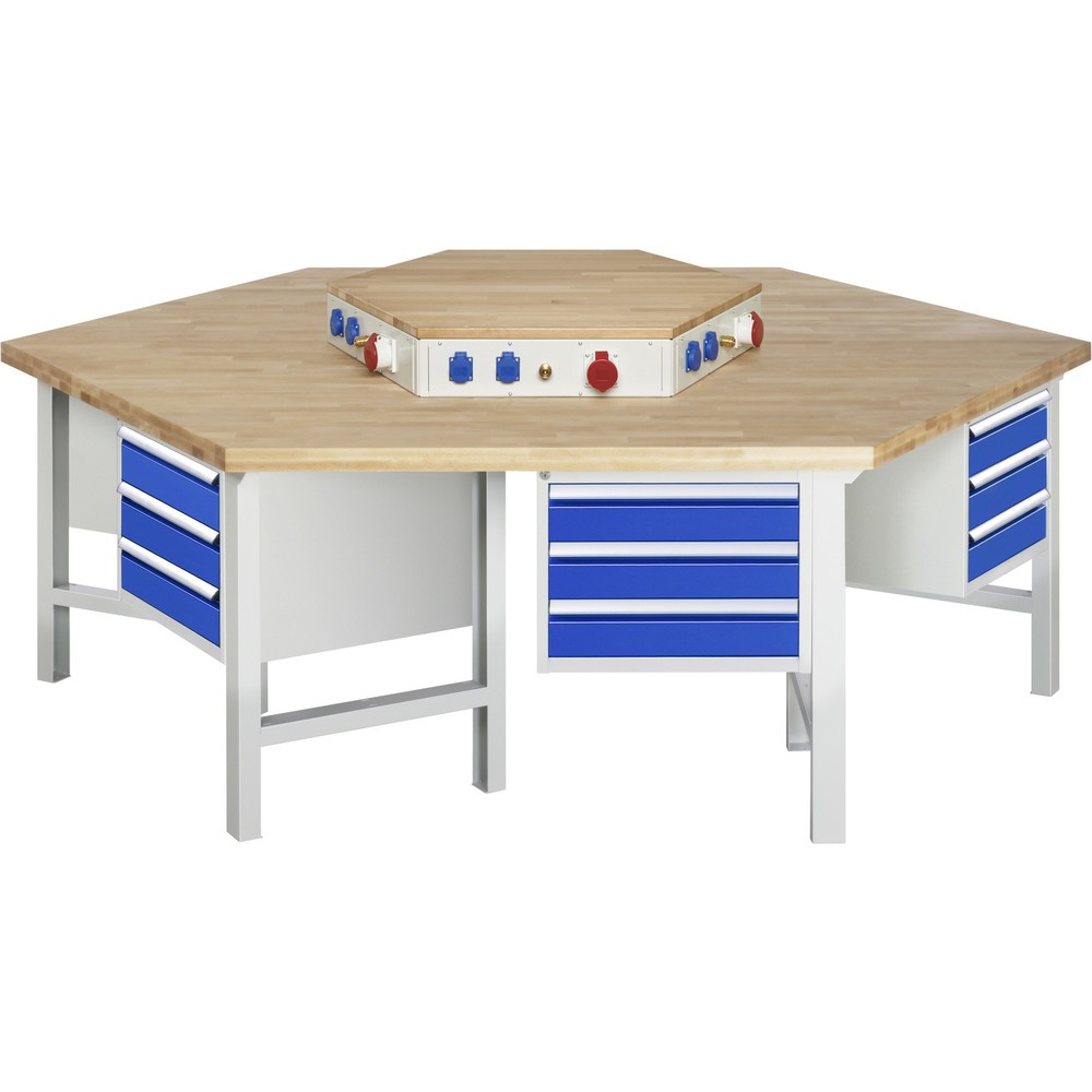 Product afbeelding: RAU groepswerkbank serie 4000, h x b x d 790-1.140 x 2.700 x 2.340 mm, met energievoorziening, 6 onderbouwkasten, met telkens 3 lades