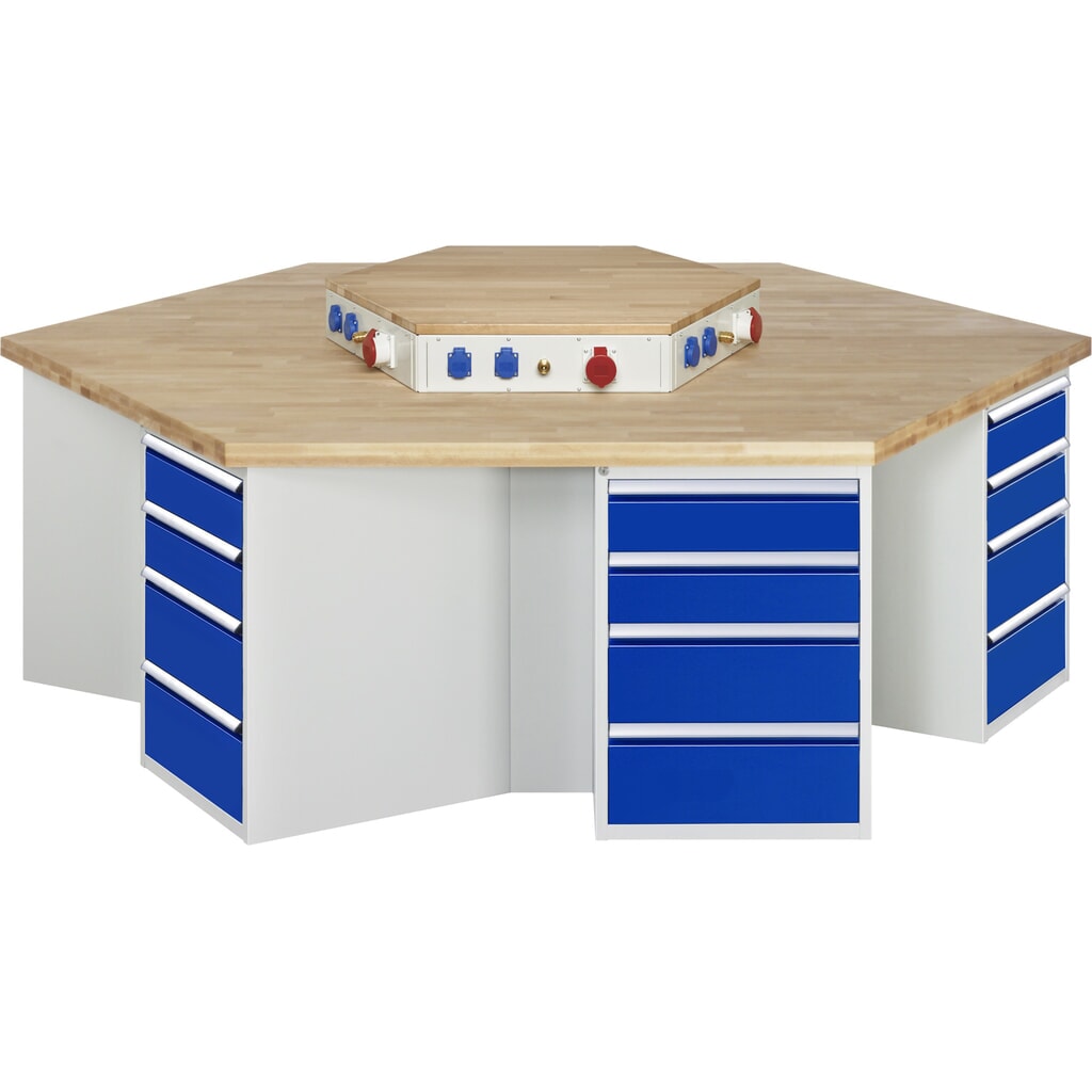 RAU groepswerkbank serie 4000, h x b x d 890 x 2.700 x 2.340 mm, met energievoorziening, 6 onderbouwkasten, met telkens 4 lades Product afbeelding: RAU groepswerkbank serie 4000, h x b x d 890 x 2.700 x 2.340 mm, met energievoorziening, 6 onderbouwkasten, met telkens 4 lades