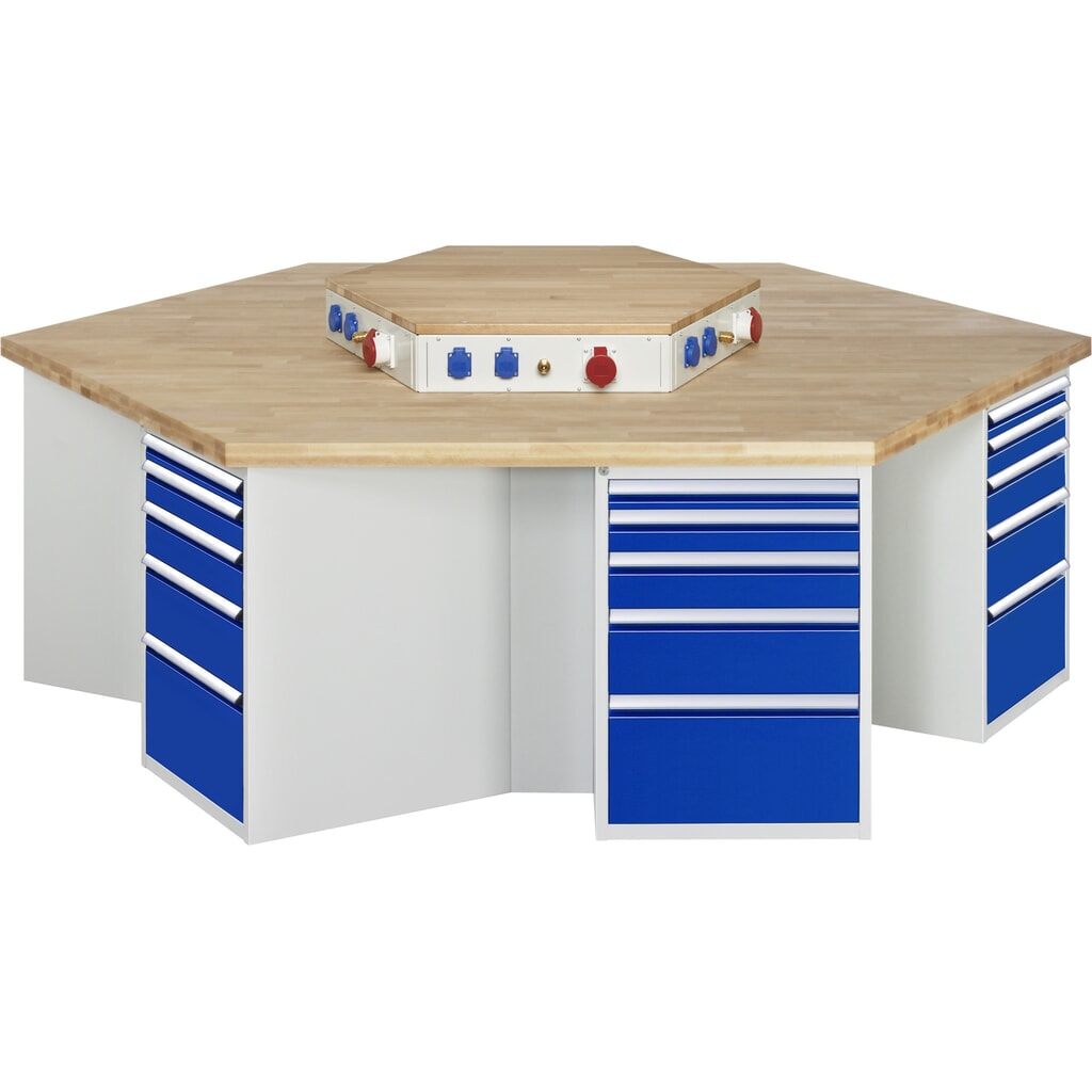 RAU groepswerkbank serie 4000, h x b x d 890 x 2.700 x 2.340 mm, met energievoorziening, 6 onderbouwkasten, met telkens 5 lades Product afbeelding: RAU groepswerkbank serie 4000, h x b x d 890 x 2.700 x 2.340 mm, met energievoorziening, 6 onderbouwkasten, met telkens 5 lades