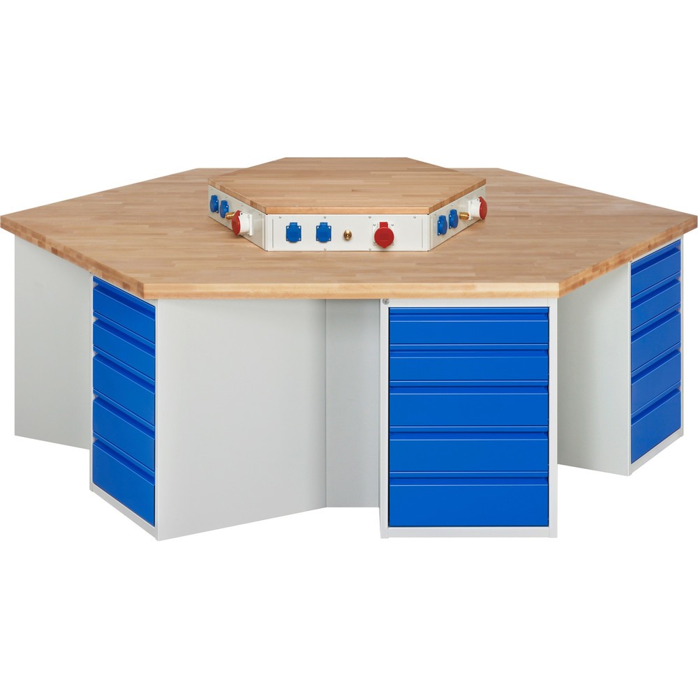 Product afbeelding: RAU groepswerkbank serie 4000, energievoorziening, 6 kasten, hxbxd 840 x 2.700 x 2.340 mm, x voor 90% uittrekbare lades 12 x 120 mm, 12 x 150 mm, 6 x 180 mm