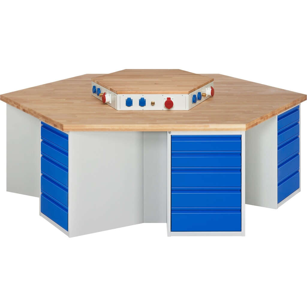 Product afbeelding: RAU groepswerkbank serie 4000, energievoorziening, 6 kasten, hxbxd 840 x 2.700 x 2.340 mm, x voor 90% uittrekbare lades 12 x 120 mm, 12 x 150 mm, 6 x 180 mm