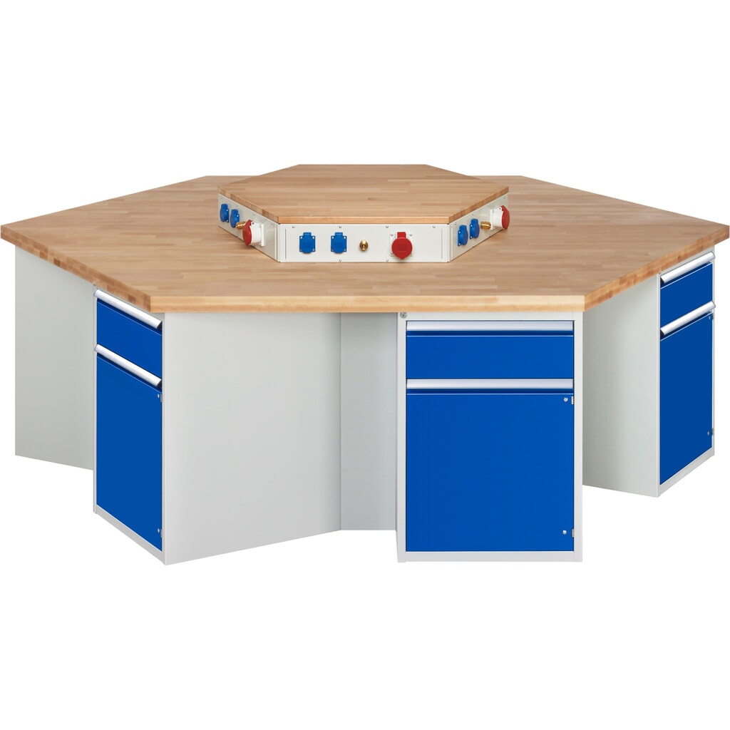 Product afbeelding: RAU groepswerkbank serie 4000, energievoorziening, 6 kasten met sokkel, hxbxd 890 x 2.700 x 2.340 mm, x voor 90% uittrekbare lades met ErgoScript®, 1 legbord