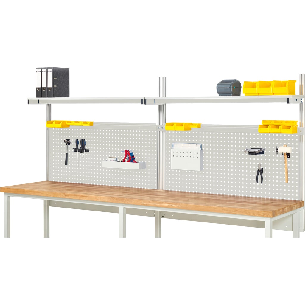 Werkbankopbouw RAU, hxbxd 1.130 x 3.000 x 350 mm, met 2 legborden / plaat met melamineharscoating en 2 draagrails, complete set 01 voor productbreedte 3.000 mm Product afbeelding: Werkbankopbouw RAU, hxbxd 1.130 x 3.000 x 350 mm, met 2 legborden / plaat met melamineharscoating en 2 draagrails, complete set 01 voor productbreedte 3.000 mm