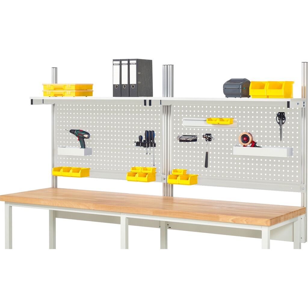 Werkbankopbouw RAU, hxbxd 1.130 x 2.500 x 350 mm, met 2 legborden / plaat met melamineharscoating en 2 draagrails, complete set 01 voor productbreedte 2.500 mm Product afbeelding: Werkbankopbouw RAU, hxbxd 1.130 x 2.500 x 350 mm, met 2 legborden / plaat met melamineharscoating en 2 draagrails, complete set 01 voor productbreedte 2.500 mm