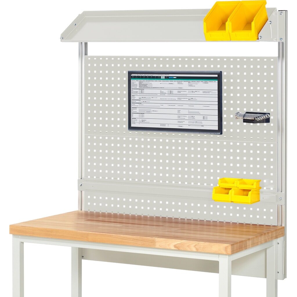 Werkbankopbouw RAU, hxbxd 1.130 x 1.250 x 350 mm, met 1 kantelbaar metalen legbord, 1 draagrail en 1 flatscreenhouder, complete set 02 voor productbreedte 1.250 mm Product afbeelding: Werkbankopbouw RAU, hxbxd 1.130 x 1.250 x 350 mm, met 1 kantelbaar metalen legbord, 1 draagrail en 1 flatscreenhouder, complete set 02 voor productbreedte 1.250 mm