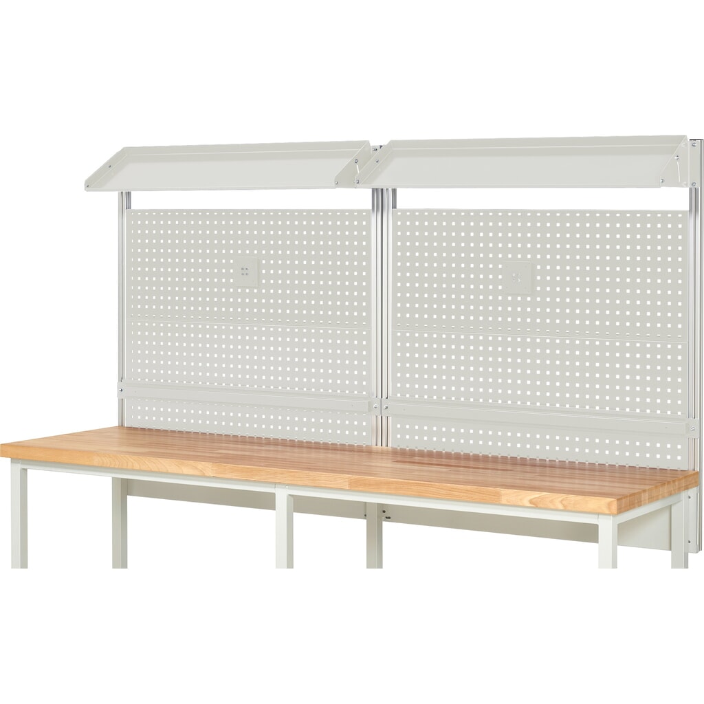 Productafbeelding nr. 2: Werkbankopbouw RAU, hxbxd 1.130 x 2.500 x 350 mm, met 2 kantelbare metalen legborden, 2 draagrails en 2 flatscreenhouders, complete set 02 voor productbreedte 2.500 mm