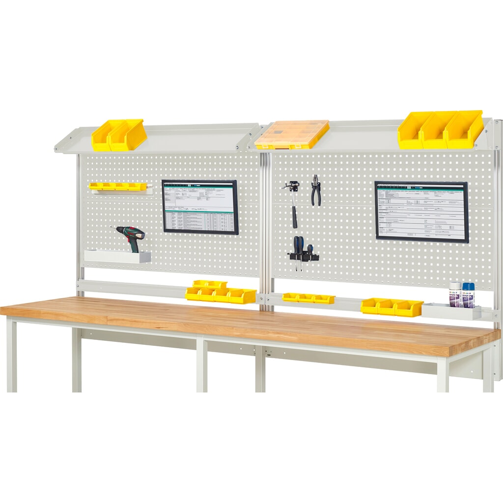 Product afbeelding: Werkbankopbouw RAU, hxbxd 1.130 x 3.000 x 350 mm, met 2 kantelbare metalen legborden, 2 draagrails en 2 flatscreenhouders, complete set 02 voor productbreedte 3.000 mm