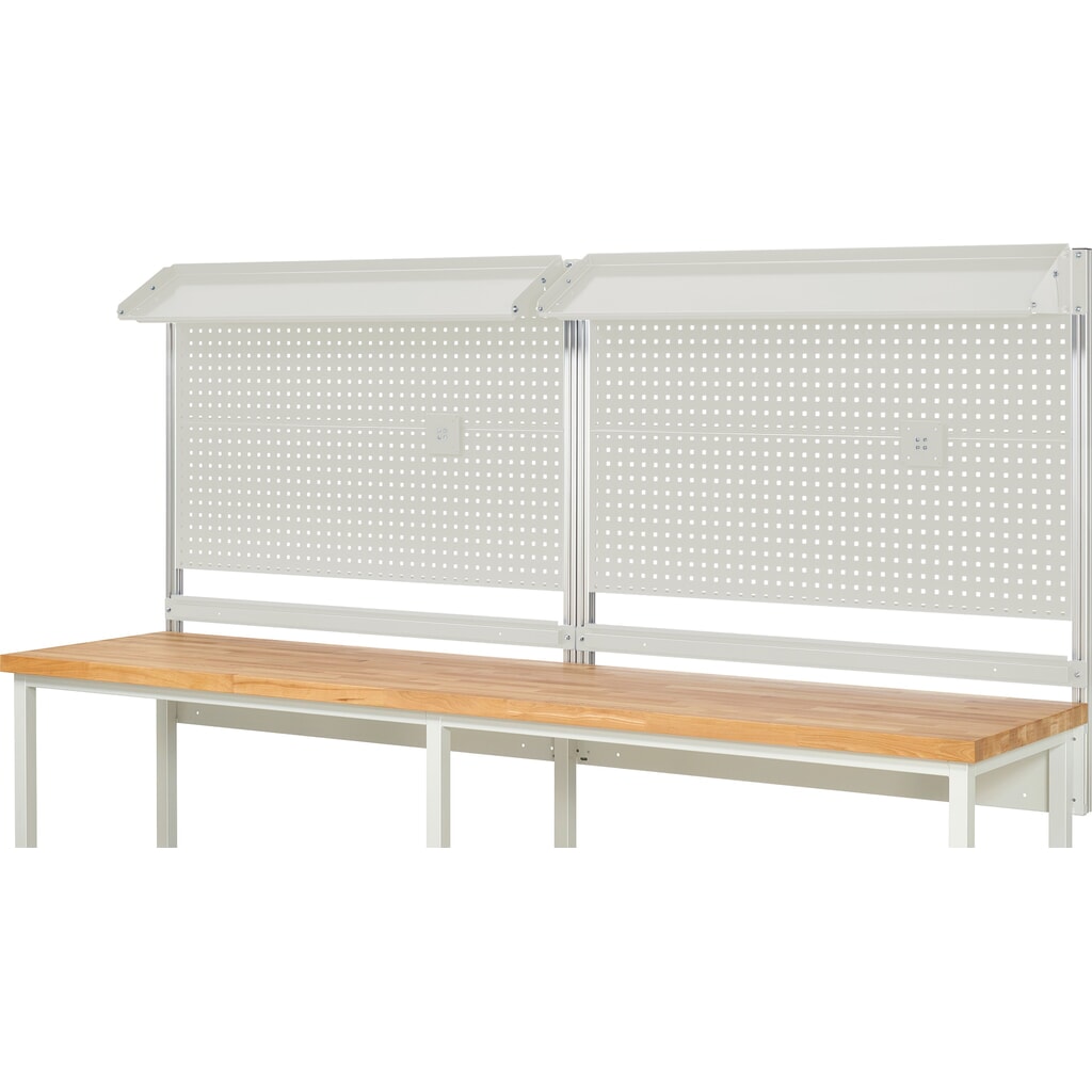 Werkbankopbouw RAU, hxbxd 1.130 x 3.000 x 350 mm, met 2 kantelbare metalen legborden, 2 draagrails en 2 flatscreenhouders, complete set 02 voor productbreedte 3.000 mm Productafbeelding nr. 2: Werkbankopbouw RAU, hxbxd 1.130 x 3.000 x 350 mm, met 2 kantelbare metalen legborden, 2 draagrails en 2 flatscreenhouders, complete set 02 voor productbreedte 3.000 mm