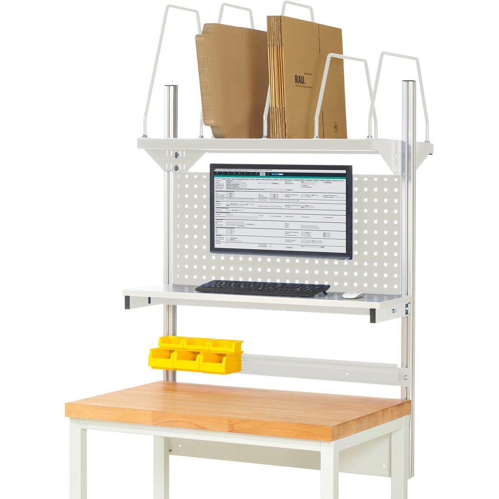 Werkbankopbouw RAU, hxbxd 1.130 x 1.000 x 350 mm, met 1 legbord, 1 draagrail en 1 flatscreenhouder, complete set 03 voor productbreedte 1.000 mm Product afbeelding: Werkbankopbouw RAU, hxbxd 1.130 x 1.000 x 350 mm, met 1 legbord, 1 draagrail en 1 flatscreenhouder, complete set 03 voor productbreedte 1.000 mm
