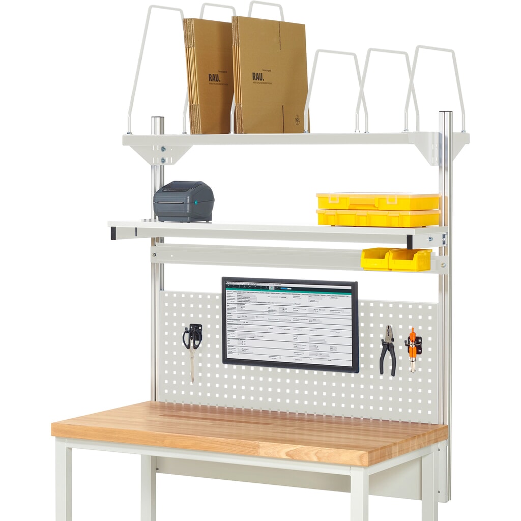 Werkbankopbouw RAU, hxbxd 1.130 x 1.250 x 350 mm, met 1 legbord, 1 draagrail en 1 flatscreenhouder, complete set 03 voor productbreedte 1.250 mm Product afbeelding: Werkbankopbouw RAU, hxbxd 1.130 x 1.250 x 350 mm, met 1 legbord, 1 draagrail en 1 flatscreenhouder, complete set 03 voor productbreedte 1.250 mm