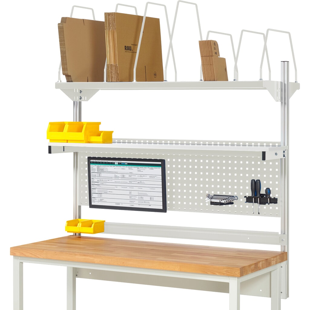 Werkbankopbouw RAU, hxbxd 1.130 x 1.500 x 350 mm, met 1 legbord, 1 draagrail en 1 flatscreenhouder, complete set 03 voor productbreedte 2.000 mm Product afbeelding: Werkbankopbouw RAU, hxbxd 1.130 x 1.500 x 350 mm, met 1 legbord, 1 draagrail en 1 flatscreenhouder, complete set 03 voor productbreedte 2.000 mm