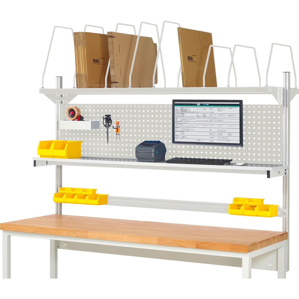 Werkbankopbouw RAU, hxbxd 1.130 x 2.000 x 350 mm, met 1 legbord, 1 draagrail en 1 flatscreenhouder, complete set 03 voor productbreedte 1.500 mm Product afbeelding: Werkbankopbouw RAU, hxbxd 1.130 x 2.000 x 350 mm, met 1 legbord, 1 draagrail en 1 flatscreenhouder, complete set 03 voor productbreedte 1.500 mm