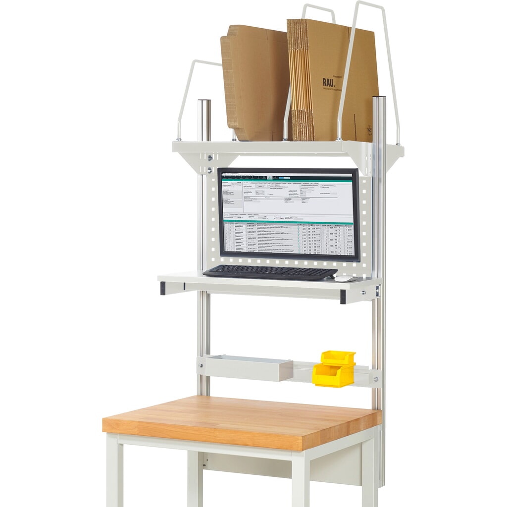 Werkbankopbouw RAU, hxbxd 1.130 x 750 x 350 mm, met 1 legbord, 1 draagrail en 1 flatscreenhouder, complete set 03 voor productbreedte 750 mm Product afbeelding: Werkbankopbouw RAU, hxbxd 1.130 x 750 x 350 mm, met 1 legbord, 1 draagrail en 1 flatscreenhouder, complete set 03 voor productbreedte 750 mm