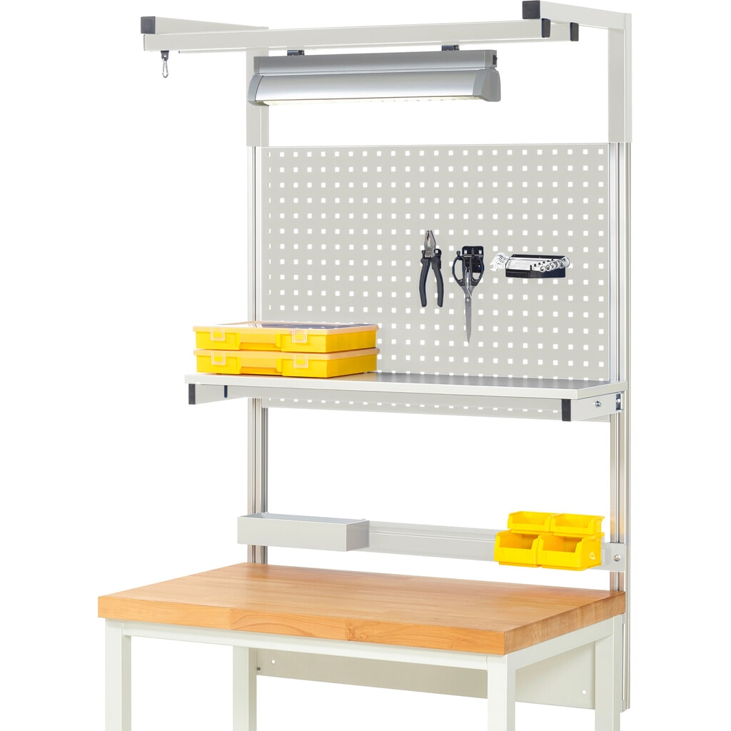 Werkbankopbouw RAU, hxbxd 1.380 x 1.000 x 350 mm, met 1 legbord, 1 draagrail, 1 paar draagarmen en 1 lamp, complete set 04 voor productbreedte 1.000 mm Product afbeelding: Werkbankopbouw RAU, hxbxd 1.380 x 1.000 x 350 mm, met 1 legbord, 1 draagrail, 1 paar draagarmen en 1 lamp, complete set 04 voor productbreedte 1.000 mm