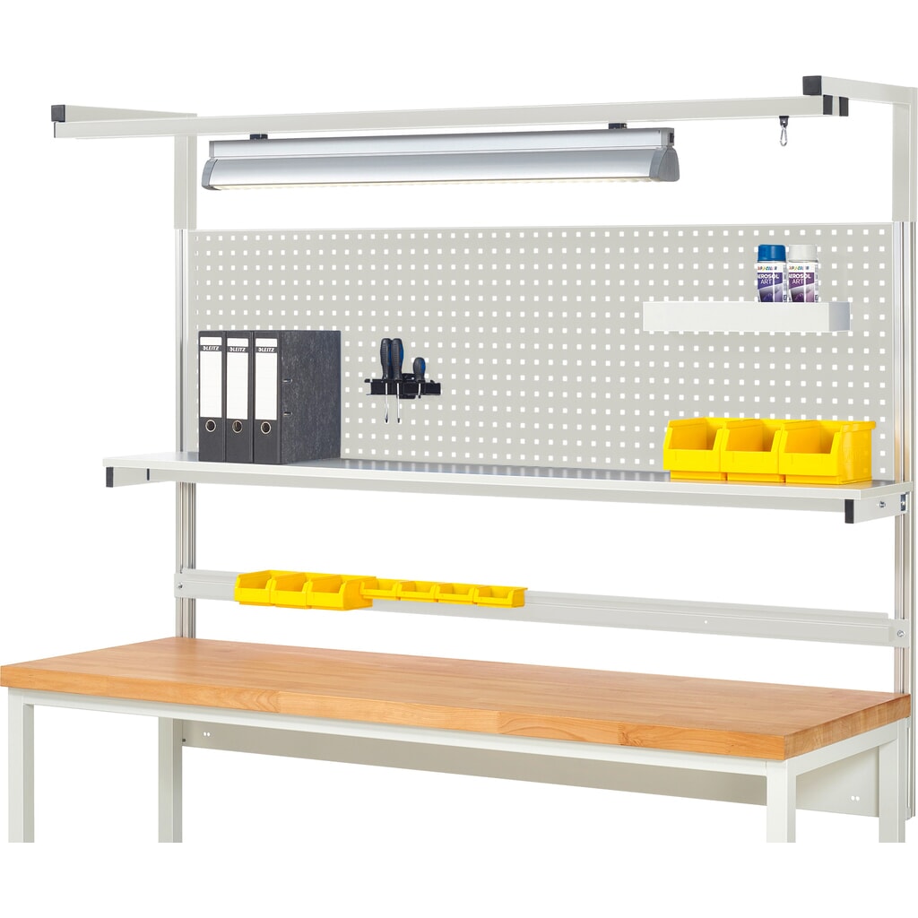 Werkbankopbouw RAU, hxbxd 1.380 x 2.000 x 350 mm, met 1 legbord, 1 draagrail, 1 paar draagarmen en 1 lamp, complete set 04 voor productbreedte 2.000 mm Product afbeelding: Werkbankopbouw RAU, hxbxd 1.380 x 2.000 x 350 mm, met 1 legbord, 1 draagrail, 1 paar draagarmen en 1 lamp, complete set 04 voor productbreedte 2.000 mm