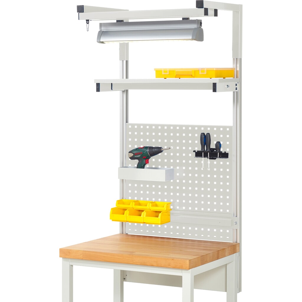 Werkbankopbouw RAU, hxbxd 1.380 x 750 x 350 mm, met 1 legbord, 1 draagrail, 1 paar draagarmen en 1 lamp, complete set 04 voor productbreedte 750 mm Product afbeelding: Werkbankopbouw RAU, hxbxd 1.380 x 750 x 350 mm, met 1 legbord, 1 draagrail, 1 paar draagarmen en 1 lamp, complete set 04 voor productbreedte 750 mm