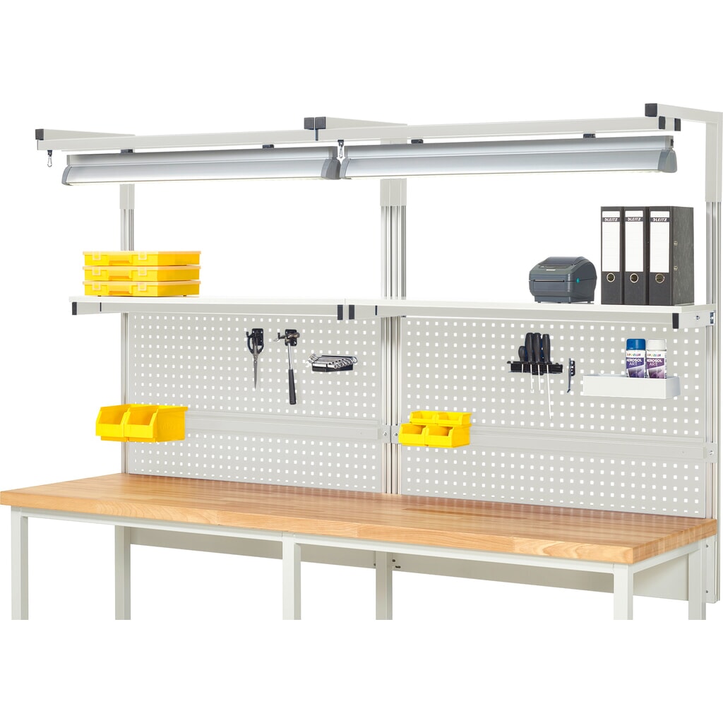 Werkbankopbouw RAU, hxbxd 1.380 x 2.500 x 350 mm, met 2 legborden, 2 draagrails, 2 paar draagarmen en 2 lampen, complete set 04 voor productbreedte 2.500 mm Product afbeelding: Werkbankopbouw RAU, hxbxd 1.380 x 2.500 x 350 mm, met 2 legborden, 2 draagrails, 2 paar draagarmen en 2 lampen, complete set 04 voor productbreedte 2.500 mm