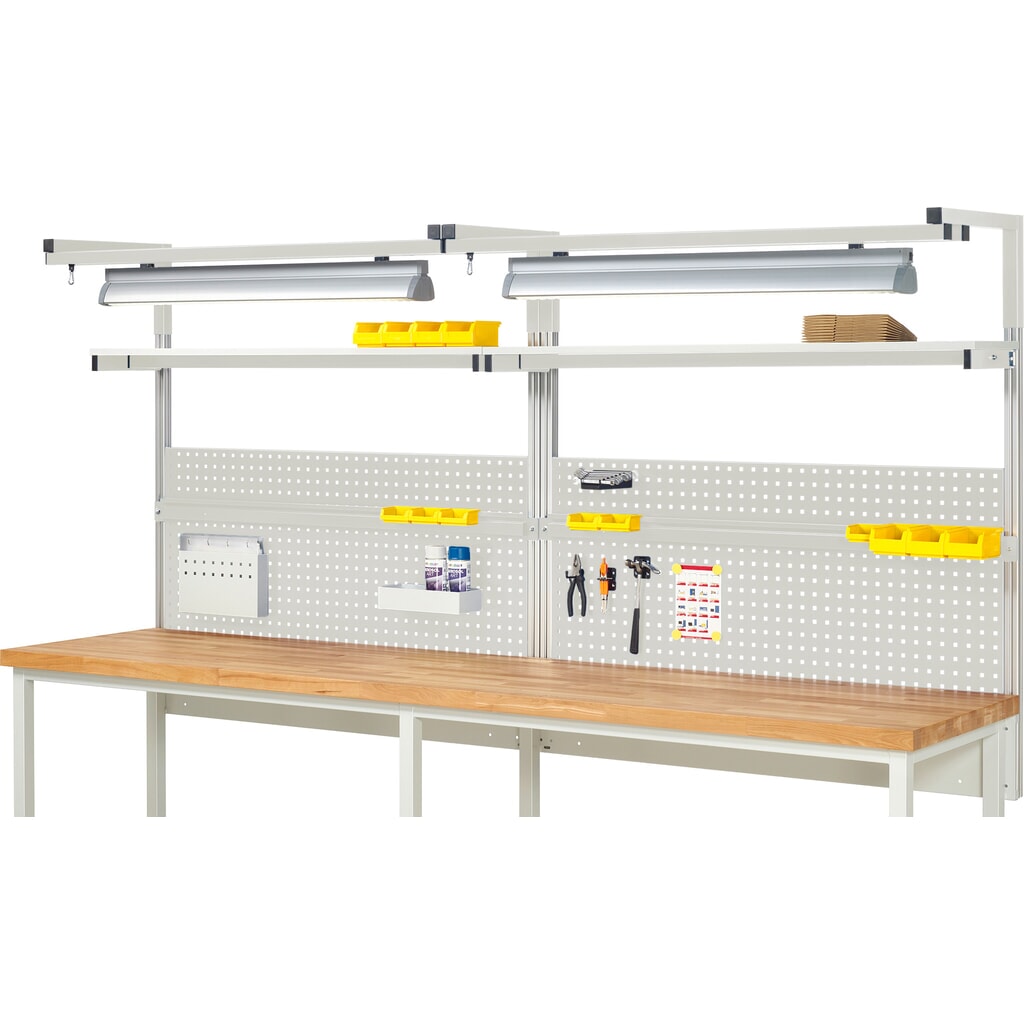 Product afbeelding: Werkbankopbouw RAU, hxbxd 1.380 x 3.000 x 350 mm, met 2 legborden, 2 draagrails, 2 paar draagarmen en 2 lampen, complete set 04 voor productbreedte 3.000 mm