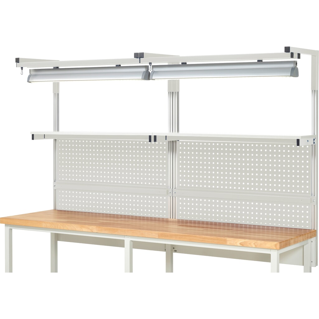 Werkbankopbouw RAU, hxbxd 1.380 x 2.500 x 350 mm, met 2 legborden, 2 draagrails, 2 paar draagarmen en 2 lampen, complete set 04 voor productbreedte 2.500 mm Productafbeelding nr. 2: Werkbankopbouw RAU, hxbxd 1.380 x 2.500 x 350 mm, met 2 legborden, 2 draagrails, 2 paar draagarmen en 2 lampen, complete set 04 voor productbreedte 2.500 mm