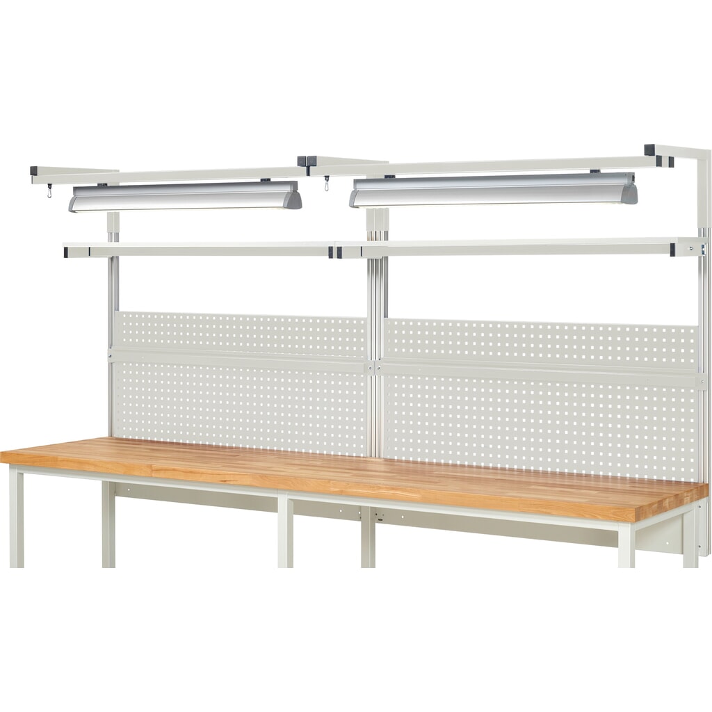 Werkbankopbouw RAU, hxbxd 1.380 x 3.000 x 350 mm, met 2 legborden, 2 draagrails, 2 paar draagarmen en 2 lampen, complete set 04 voor productbreedte 3.000 mm Productafbeelding nr. 2: Werkbankopbouw RAU, hxbxd 1.380 x 3.000 x 350 mm, met 2 legborden, 2 draagrails, 2 paar draagarmen en 2 lampen, complete set 04 voor productbreedte 3.000 mm