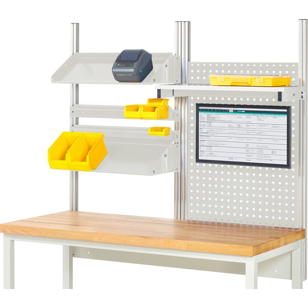 Werkbankopbouw RAU, hxbxd 1.130 x 1.500 x 350 mm, met 1 legbord, 2 draagrails, 2 kantelbare metalen legborden en 1 flatscreenhouder, complete set 05 voor productbreedte 1.500 mm Product afbeelding: Werkbankopbouw RAU, hxbxd 1.130 x 1.500 x 350 mm, met 1 legbord, 2 draagrails, 2 kantelbare metalen legborden en 1 flatscreenhouder, complete set 05 voor productbreedte 1.500 mm