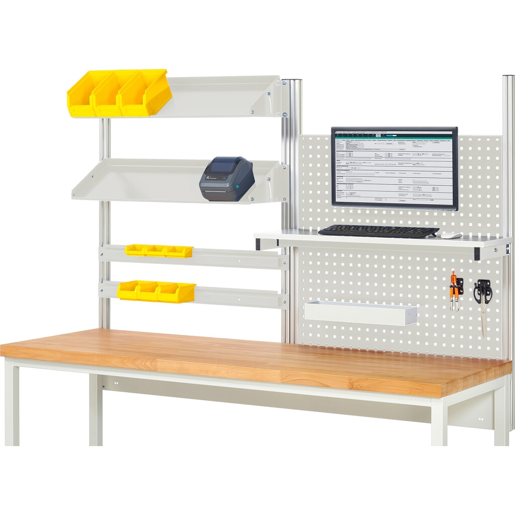 Werkbankopbouw RAU, hxbxd 1.130 x 2.000 x 350 mm, met 1 legbord, 2 draagrails, 2 kantelbare metalen legborden en 1 flatscreenhouder, complete set 05 voor productbreedte 2.000 mm Product afbeelding: Werkbankopbouw RAU, hxbxd 1.130 x 2.000 x 350 mm, met 1 legbord, 2 draagrails, 2 kantelbare metalen legborden en 1 flatscreenhouder, complete set 05 voor productbreedte 2.000 mm