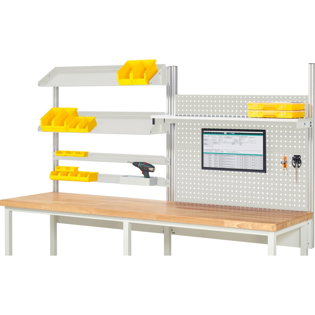 Werkbankopbouw RAU, hxbxd 1.130 x 2.500 x 350 mm, met 1 legbord, 2 draagrails, 2 kantelbare metalen legborden en 1 flatscreenhouder, complete set 05 voor productbreedte 2.500 mm Product afbeelding: Werkbankopbouw RAU, hxbxd 1.130 x 2.500 x 350 mm, met 1 legbord, 2 draagrails, 2 kantelbare metalen legborden en 1 flatscreenhouder, complete set 05 voor productbreedte 2.500 mm